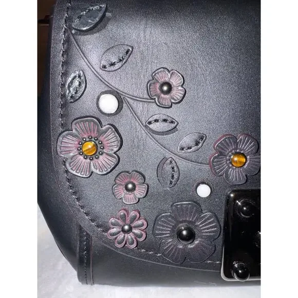 Coach Tea Rose Top Handle Bag Black and Oxblood Leather - Picture 5 of 14